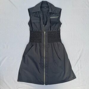 Snap Women's Size 5 Black Utility Mini Dress Sleeveless Full Zip Smocked Waist‎